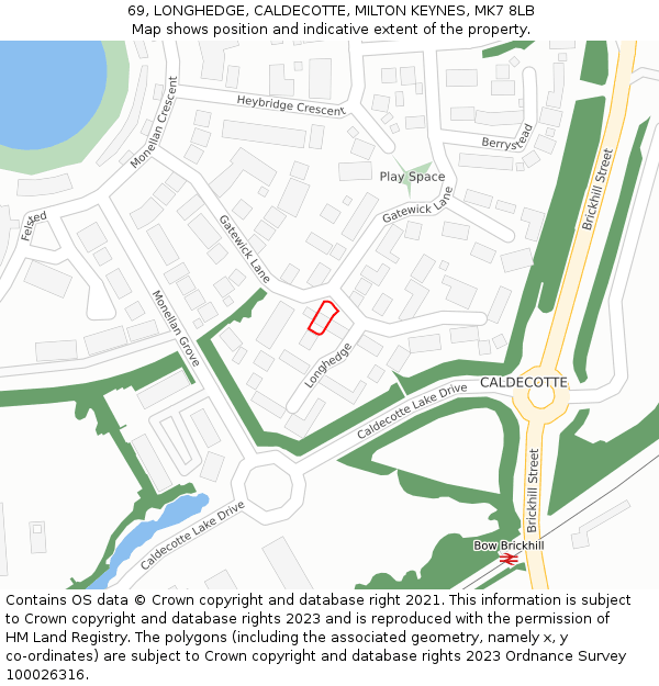 69, LONGHEDGE, CALDECOTTE, MILTON KEYNES, MK7 8LB: Location map and indicative extent of plot