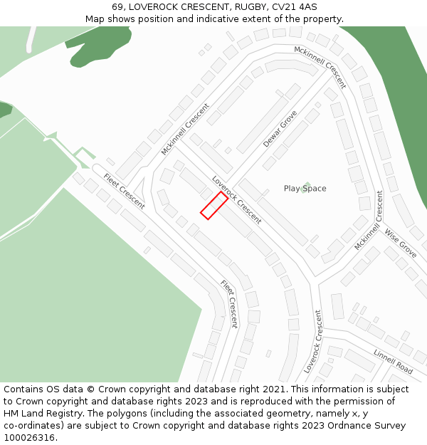 69, LOVEROCK CRESCENT, RUGBY, CV21 4AS: Location map and indicative extent of plot