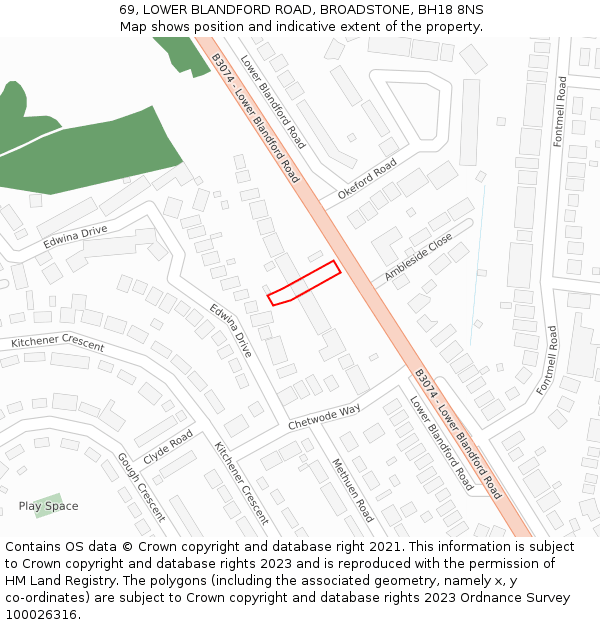 69, LOWER BLANDFORD ROAD, BROADSTONE, BH18 8NS: Location map and indicative extent of plot