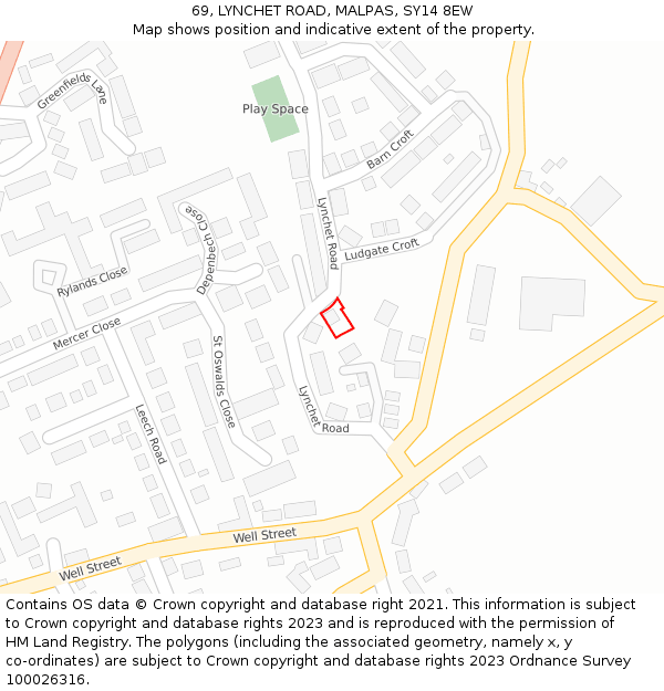 69, LYNCHET ROAD, MALPAS, SY14 8EW: Location map and indicative extent of plot