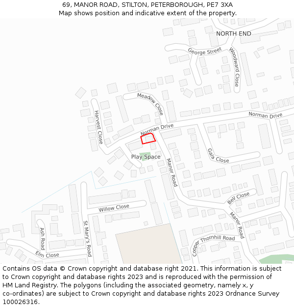 69, MANOR ROAD, STILTON, PETERBOROUGH, PE7 3XA: Location map and indicative extent of plot