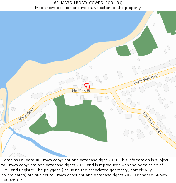 69, MARSH ROAD, COWES, PO31 8JQ: Location map and indicative extent of plot