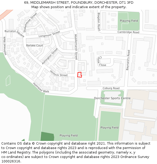 69, MIDDLEMARSH STREET, POUNDBURY, DORCHESTER, DT1 3FD: Location map and indicative extent of plot