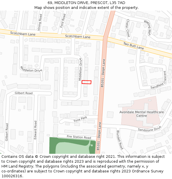 69, MIDDLETON DRIVE, PRESCOT, L35 7AD: Location map and indicative extent of plot