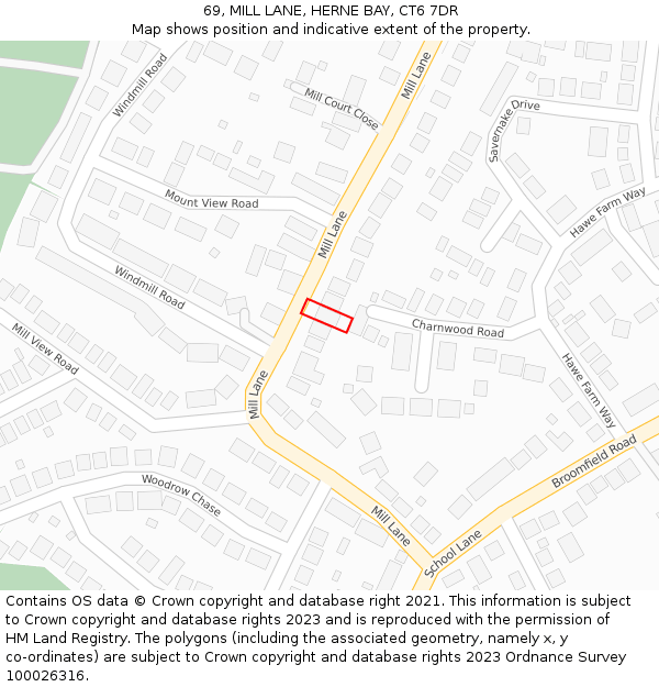 69, MILL LANE, HERNE BAY, CT6 7DR: Location map and indicative extent of plot