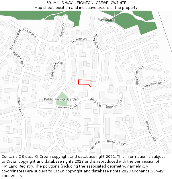 69, MILLS WAY, LEIGHTON, CREWE, CW1 4TF: Location map and indicative extent of plot