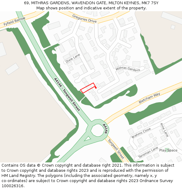 69, MITHRAS GARDENS, WAVENDON GATE, MILTON KEYNES, MK7 7SY: Location map and indicative extent of plot