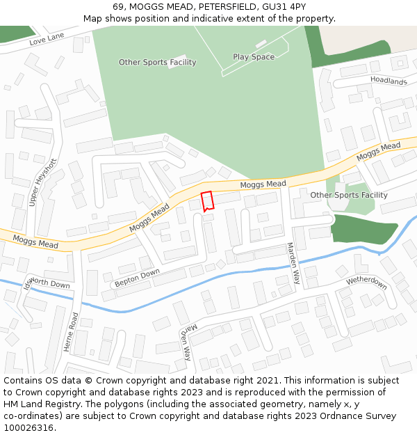 69, MOGGS MEAD, PETERSFIELD, GU31 4PY: Location map and indicative extent of plot