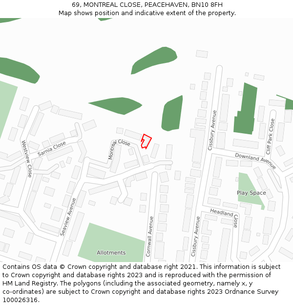 69, MONTREAL CLOSE, PEACEHAVEN, BN10 8FH: Location map and indicative extent of plot