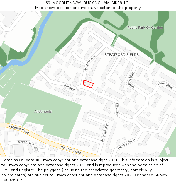 69, MOORHEN WAY, BUCKINGHAM, MK18 1GU: Location map and indicative extent of plot