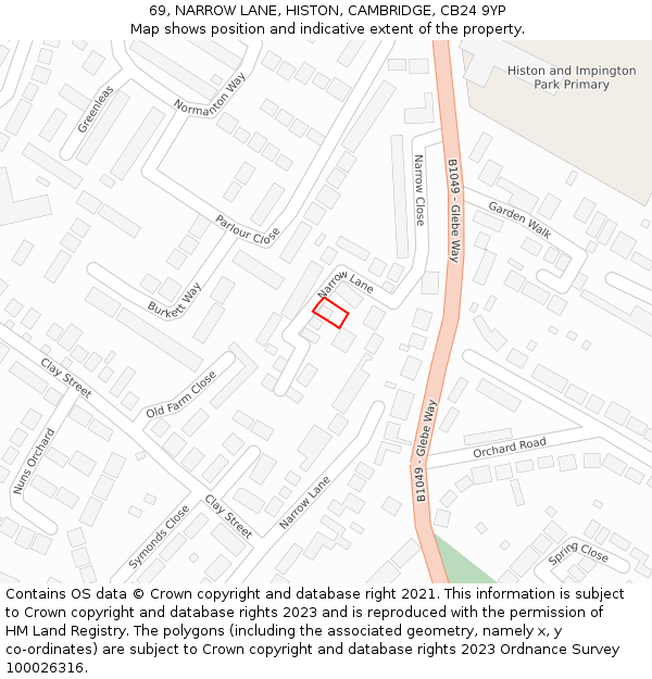 69, NARROW LANE, HISTON, CAMBRIDGE, CB24 9YP: Location map and indicative extent of plot