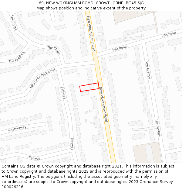 69, NEW WOKINGHAM ROAD, CROWTHORNE, RG45 6JG: Location map and indicative extent of plot