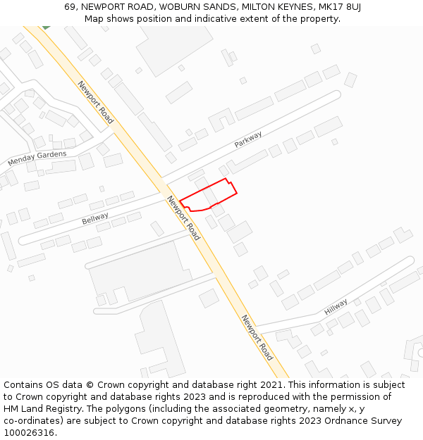 69, NEWPORT ROAD, WOBURN SANDS, MILTON KEYNES, MK17 8UJ: Location map and indicative extent of plot