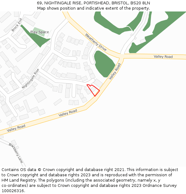 69, NIGHTINGALE RISE, PORTISHEAD, BRISTOL, BS20 8LN: Location map and indicative extent of plot