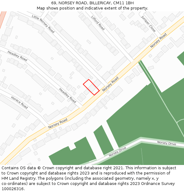 69, NORSEY ROAD, BILLERICAY, CM11 1BH: Location map and indicative extent of plot