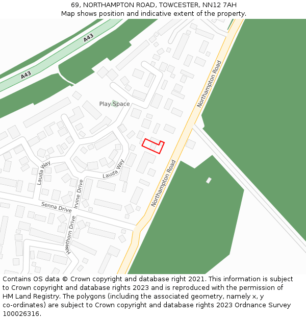 69, NORTHAMPTON ROAD, TOWCESTER, NN12 7AH: Location map and indicative extent of plot