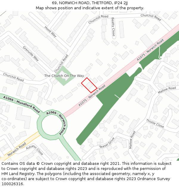 69, NORWICH ROAD, THETFORD, IP24 2JJ: Location map and indicative extent of plot