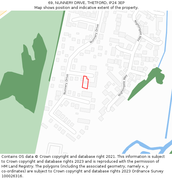 69, NUNNERY DRIVE, THETFORD, IP24 3EP: Location map and indicative extent of plot