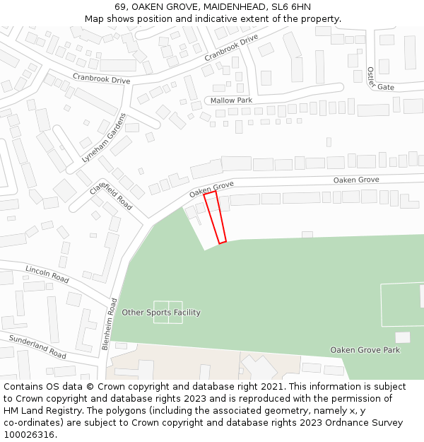 69, OAKEN GROVE, MAIDENHEAD, SL6 6HN: Location map and indicative extent of plot
