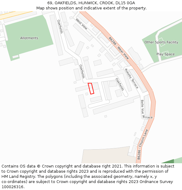 69, OAKFIELDS, HUNWICK, CROOK, DL15 0GA: Location map and indicative extent of plot