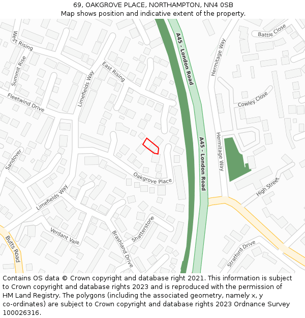 69, OAKGROVE PLACE, NORTHAMPTON, NN4 0SB: Location map and indicative extent of plot