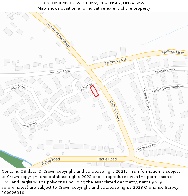 69, OAKLANDS, WESTHAM, PEVENSEY, BN24 5AW: Location map and indicative extent of plot