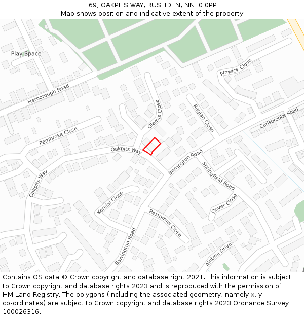 69, OAKPITS WAY, RUSHDEN, NN10 0PP: Location map and indicative extent of plot