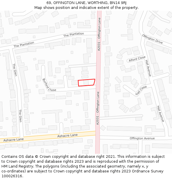 69, OFFINGTON LANE, WORTHING, BN14 9RJ: Location map and indicative extent of plot