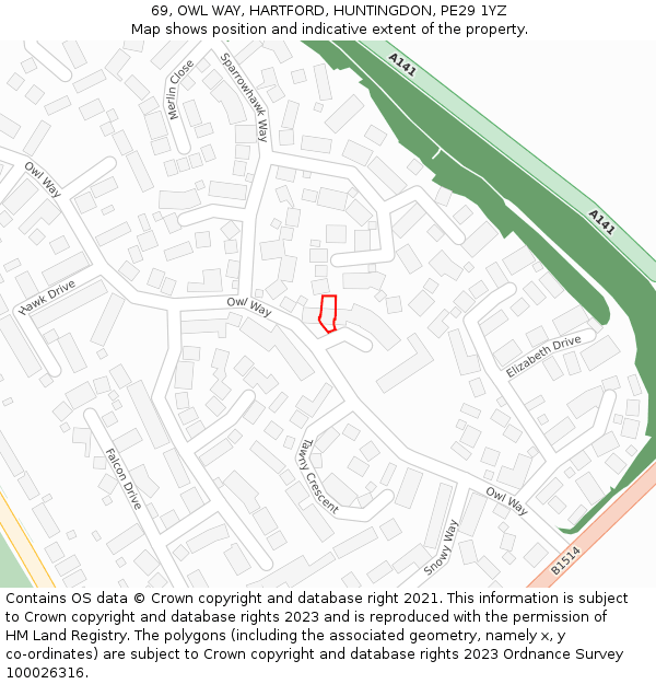 69, OWL WAY, HARTFORD, HUNTINGDON, PE29 1YZ: Location map and indicative extent of plot