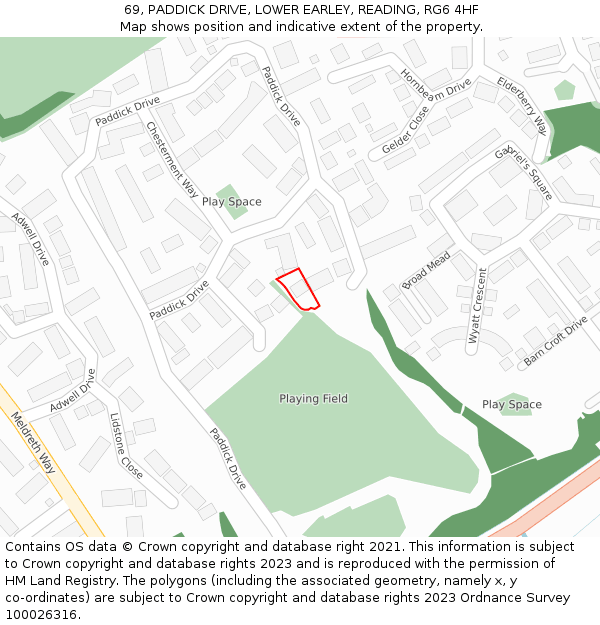 69, PADDICK DRIVE, LOWER EARLEY, READING, RG6 4HF: Location map and indicative extent of plot