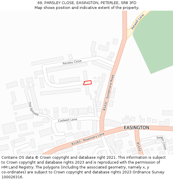 69, PARSLEY CLOSE, EASINGTON, PETERLEE, SR8 3FD: Location map and indicative extent of plot