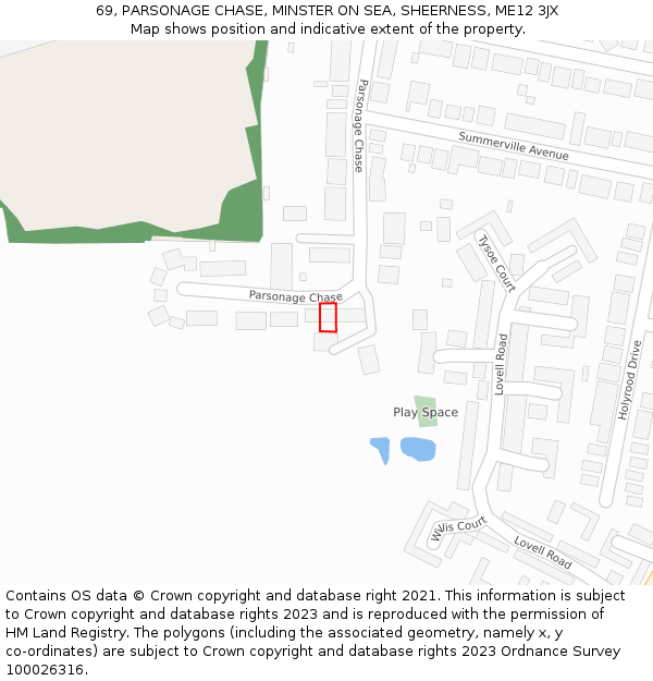 69, PARSONAGE CHASE, MINSTER ON SEA, SHEERNESS, ME12 3JX: Location map and indicative extent of plot
