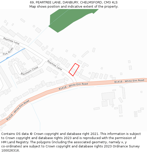 69, PEARTREE LANE, DANBURY, CHELMSFORD, CM3 4LS: Location map and indicative extent of plot