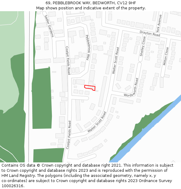 69, PEBBLEBROOK WAY, BEDWORTH, CV12 9HF: Location map and indicative extent of plot