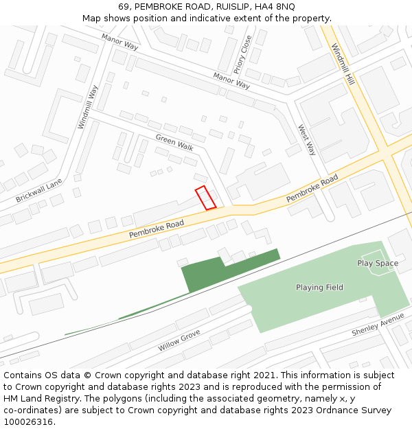 69, PEMBROKE ROAD, RUISLIP, HA4 8NQ: Location map and indicative extent of plot