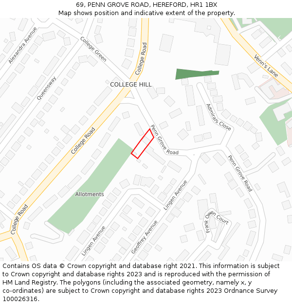 69, PENN GROVE ROAD, HEREFORD, HR1 1BX: Location map and indicative extent of plot
