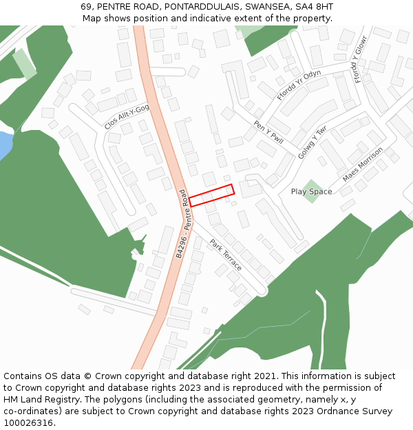 69, PENTRE ROAD, PONTARDDULAIS, SWANSEA, SA4 8HT: Location map and indicative extent of plot