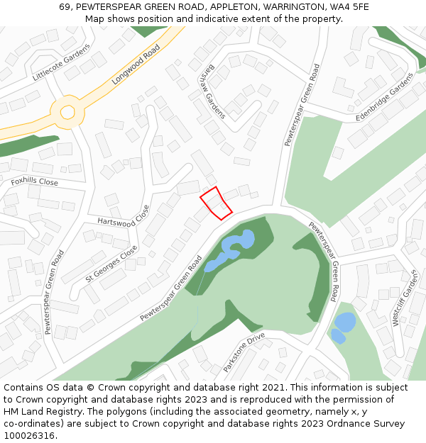 69, PEWTERSPEAR GREEN ROAD, APPLETON, WARRINGTON, WA4 5FE: Location map and indicative extent of plot