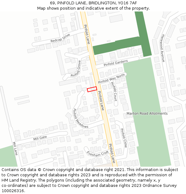 69, PINFOLD LANE, BRIDLINGTON, YO16 7AF: Location map and indicative extent of plot