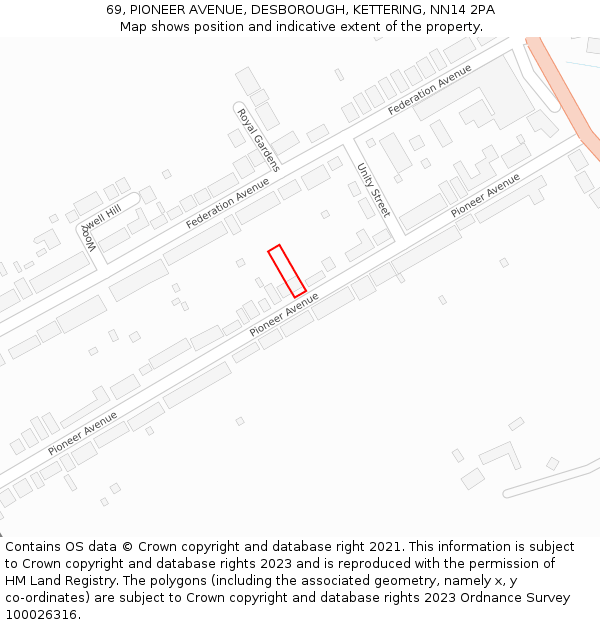 69, PIONEER AVENUE, DESBOROUGH, KETTERING, NN14 2PA: Location map and indicative extent of plot