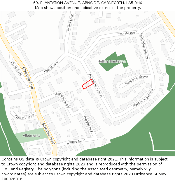 69, PLANTATION AVENUE, ARNSIDE, CARNFORTH, LA5 0HX: Location map and indicative extent of plot