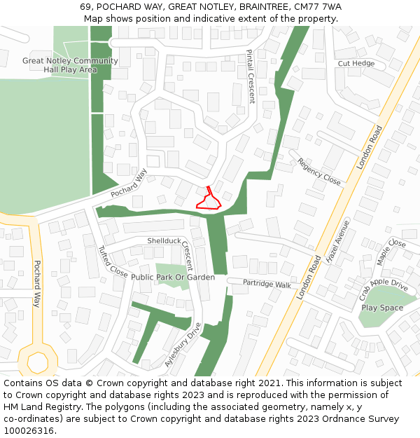69, POCHARD WAY, GREAT NOTLEY, BRAINTREE, CM77 7WA: Location map and indicative extent of plot