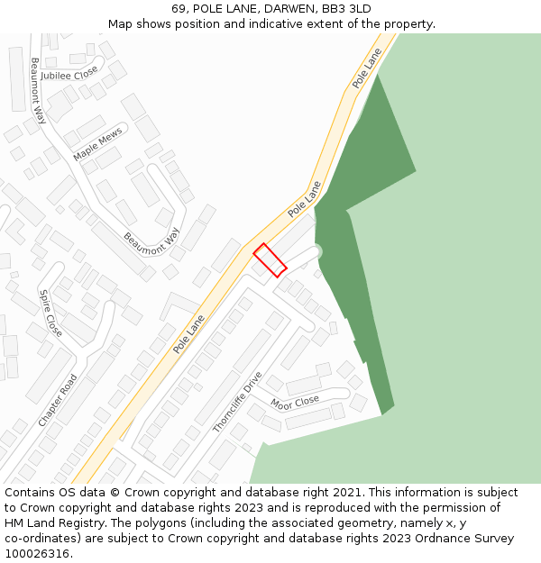 69, POLE LANE, DARWEN, BB3 3LD: Location map and indicative extent of plot