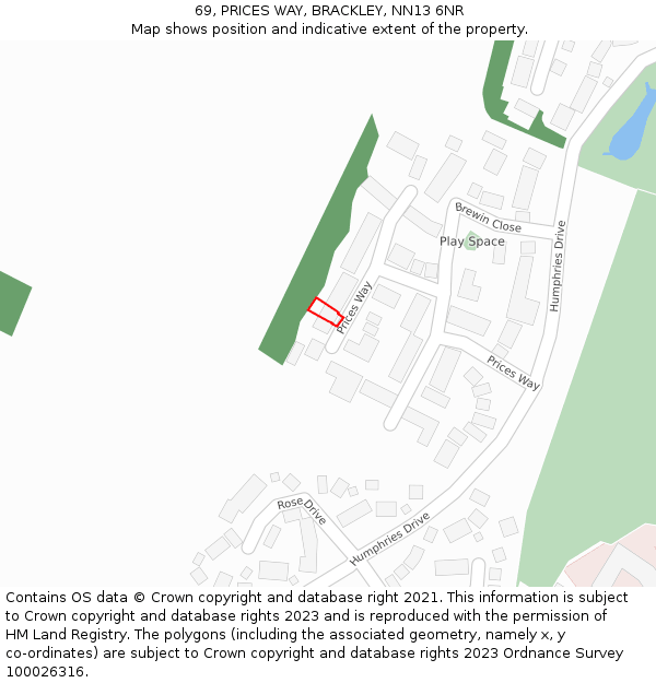 69, PRICES WAY, BRACKLEY, NN13 6NR: Location map and indicative extent of plot