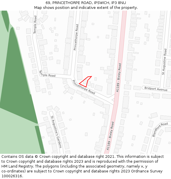 69, PRINCETHORPE ROAD, IPSWICH, IP3 8NU: Location map and indicative extent of plot