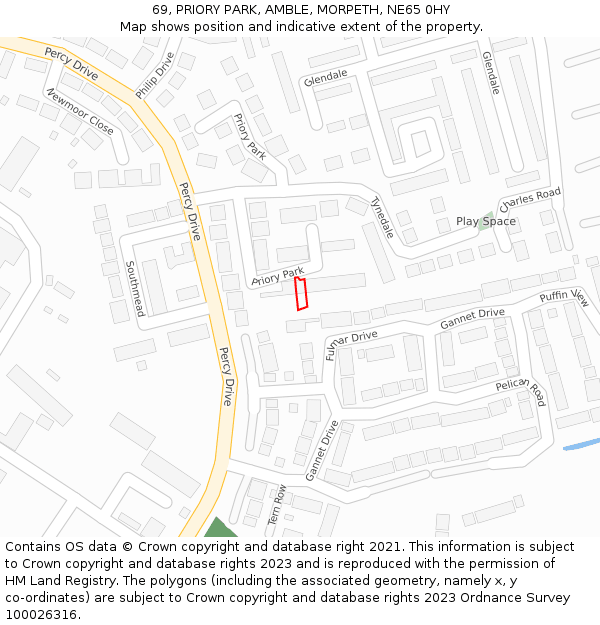 69, PRIORY PARK, AMBLE, MORPETH, NE65 0HY: Location map and indicative extent of plot