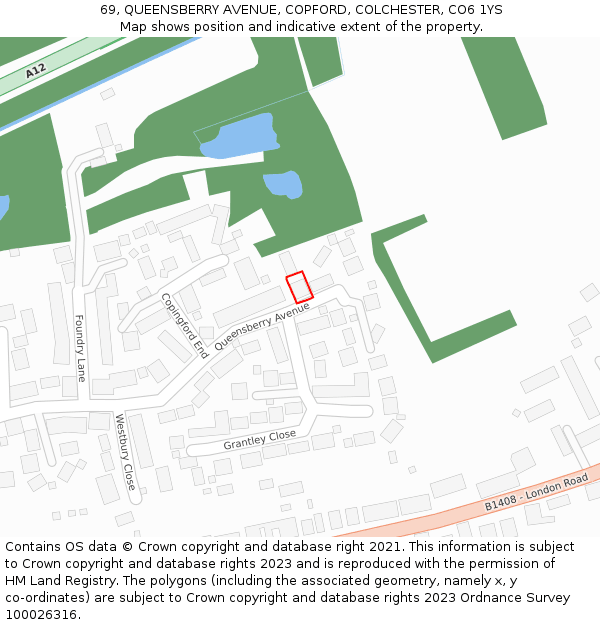 69, QUEENSBERRY AVENUE, COPFORD, COLCHESTER, CO6 1YS: Location map and indicative extent of plot