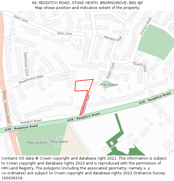 69, REDDITCH ROAD, STOKE HEATH, BROMSGROVE, B60 4JP: Location map and indicative extent of plot