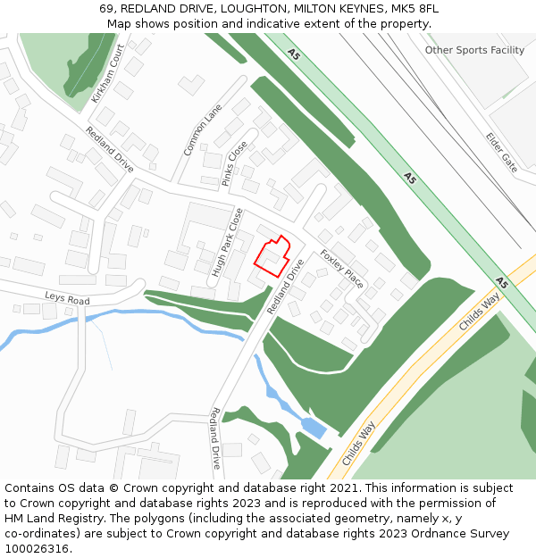 69, REDLAND DRIVE, LOUGHTON, MILTON KEYNES, MK5 8FL: Location map and indicative extent of plot