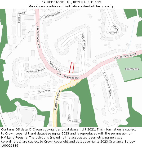 69, REDSTONE HILL, REDHILL, RH1 4BG: Location map and indicative extent of plot